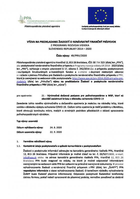 Oznámenie o zverejnení Výzvy č. 49/PRV/2020 - Výnimočná dočasná podpora pre spracovateľské MSP, ktoré sú obzvlášť zasiahnuté krízou v dôsledku ochorenia COVID-19